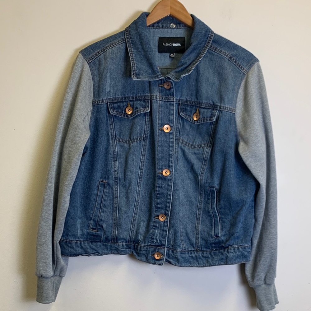 Fashion Nova Blue Denim Jacket with Gray Knit Sleeves